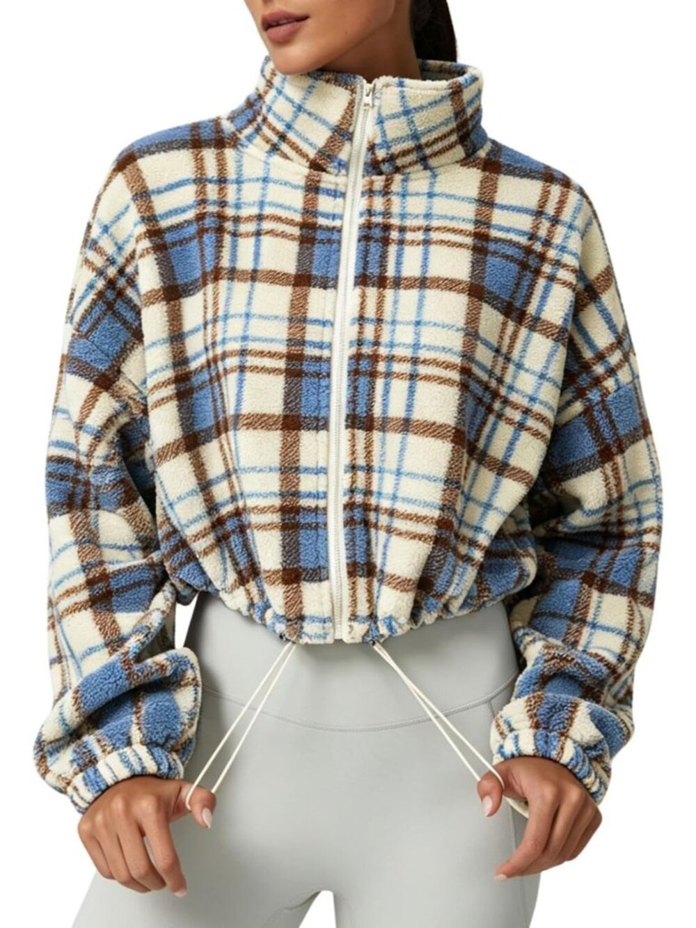 Women’s Plaid Cropped Sherpa Full Zip Warm Winter Coat Fleece Jacket